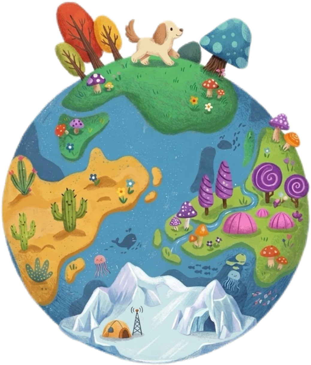 A cute dog walking on a colorful globe